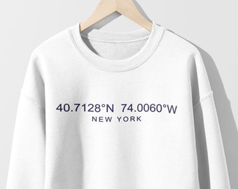 Coordenadas de ubicación personalizadas cuello redondo bordado, sudadera de pareja personalizada, regalo personalizado, bordado de latitud de longitud