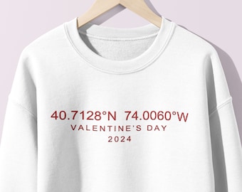 Custom Coordinates Valentines Day Embroidered Sweatshirt, Location Sweatshirt, Embroidered Crewneck, Couples Valentines Gift, Galentine Gift
