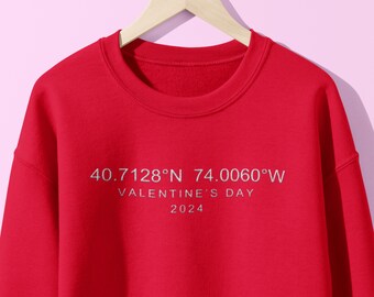 Custom Coordinates Valentines Day Embroidered Sweatshirt, Location Sweatshirt, Embroidered Crewneck, Couples Valentines Gift, Galentine Gift