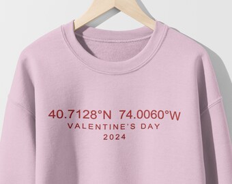 Custom Coordinates Valentines Day Embroidered Sweatshirt, Location Sweatshirt, Embroidered Crewneck, Couples Valentines Gift, Galentine Gift