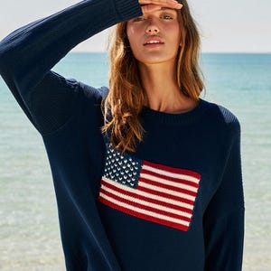アメリカ国旗セーター | 独立記念日USAニットプルオーバー | 愛国的なクルーネック | プレッピーUSAセーター | 独立記念日の装い