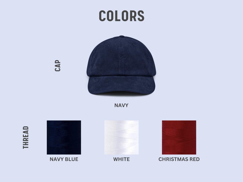 Pu&ograve; includere: Un berretto blu navy con visiera curva &egrave; mostrato su uno sfondo azzurro. Sotto, campioni di colore per filo blu navy, bianco e rosso natalizio.