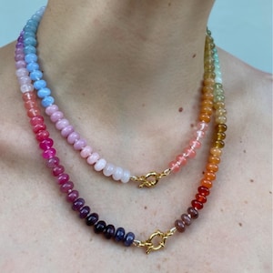 Rainbow Hand Knotted Gemstone Necklace, Silk Cord Beaded Jewelry, 18k Gold Filled Clasp, Handmade Minimalist Necklace, Customizable Gift