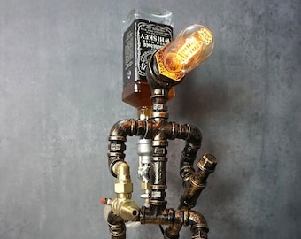 Firefighter Handcrafted Industrial Whiskey Dispenser with Edison Lamp