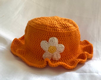 Orange Daisy Bucket Hat, Handmade Hats, Crochet Hats, Knitted Hats, Orange Hat, ORANGE BLOSSOM