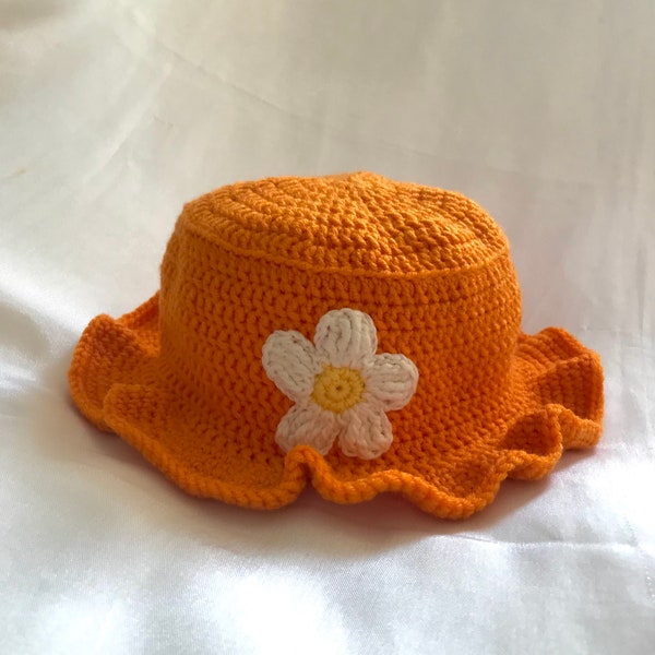 Orange Daisy Bucket Hat, Handmade Hats, Crochet Hats, Knitted Hats, Orange Hat, ORANGE BLOSSOM