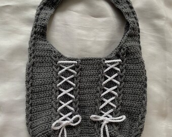 Crochet Knit Bag, Acrylic Yarn, Corset Ribbon Bag