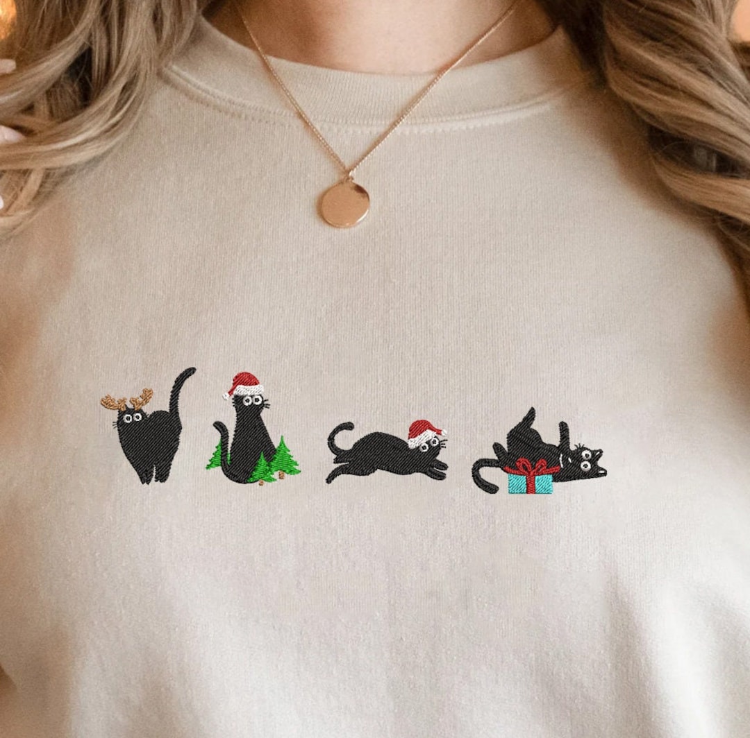 Christmas Black Cat Embroidered Sweatshirt, Black Cat Christmas Shirt