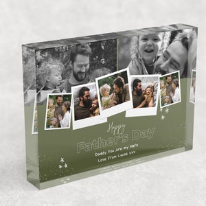 May include: A green and white photo collage with a Father's Day message. The collage features photos of a father and his children. The text reads "Happy Father's Day, Daddy You Are My Hero, Love From Lucas xxx".