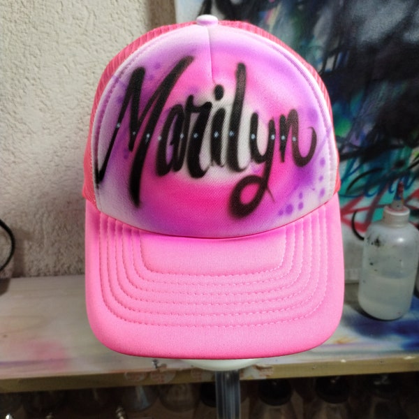 Personalized Airbrush Name Script or Print on Trucker Hat, Baseball Hearts Flames