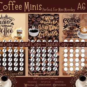 May include: Set of three printable A6 size coffee-themed challenge cards with motivational quotes. The cards feature a brown and white marble background with coffee beans and coffee cups. The quotes are "Adulting is hard without coffee", "Coffee makes everything possible", and "Coffee makes everything better".