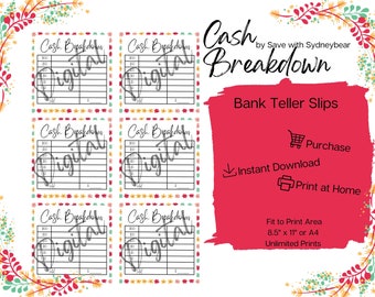 Cash Breakdown Bank Teller Slip Printable Download Game & Saving Tracker Cash Stuffing Sinking Fund Budget Insert Binder set 4