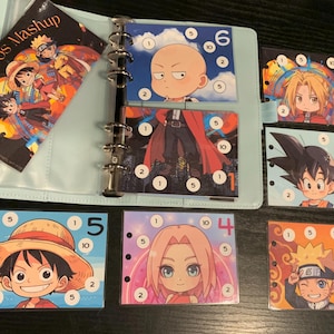 Carpeta A6 laminada Anime Heros Mashup 300, desafío de ahorro, relleno de efectivo, fondo de amortización, inserto de presupuesto, combina y combina