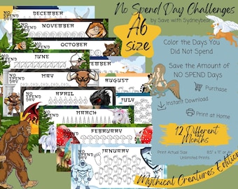 12 No Spend MYTHICAL CREATURES Monthly Savings Challenge Printable A6 Download Game & Saving Cash Stuffing Sinking Fund Budget Insert Binder