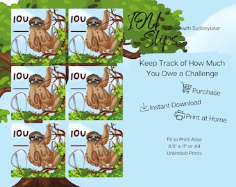 Sloth IOU Peace Slip Printable Download Game & Saving Tracker Cash Stuffing Sinking Fund Budget Insert Binder