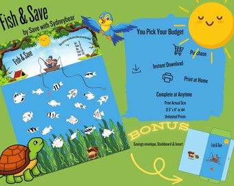 Fish & Save Savings Challenge Printable Download Tracker Cash Envelope Stuffing Sinking Fund Budget Insert Binder Low Income