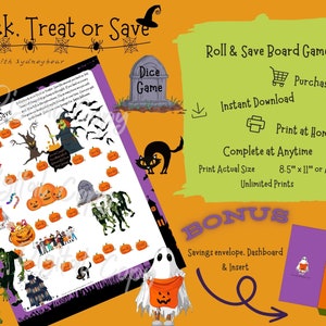 Truco, trato o ahorro Juego de mesa de Halloween Desafío de ahorro Descarga imprimible Juego y relleno de efectivo Carpeta de inserción de presupuesto hundido