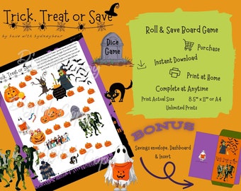 Trick Treat or Save Halloween Board Game Savings Challenge Printable Download Game & Cash Stuffing Sinking Budget Insert Binder