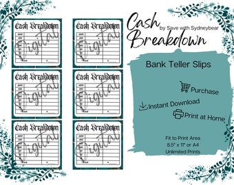 Cash Breakdown Bank Teller Slip Printable Download Game & Saving Tracker Cash Stuffing Sinking Fund Budget Insert Binder set 1