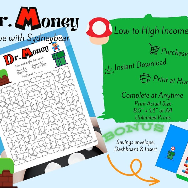Dr. MONEY Doctor M Color Printable Download Game & Saving Tracker Cash Envelope Stuffing Sinking Fund Budget Insert Binder
