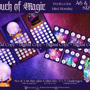 May include: A set of printable digital download cards featuring a crystal ball and crystals on a galaxy background. The cards are labeled "Digital Copy" and are available in A6 and mini sizes. The text "Touch of Magic" is at the top of the image.