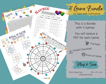4 Game Bundle TETRIS SAVZEE BULLSEYE Color Printable Download Game & Saving Tracker Cash Stuffing Sinking Fund Budget Insert Binder