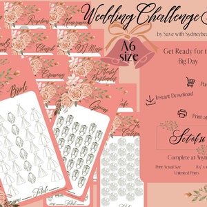 May include: A set of 16 printable wedding challenge cards in A6 size. The cards feature a pink floral design with the text "Wedding Challenge Set" and "Get Ready for the Big Day". The cards are designed to be completed at any time and can be printed at home.