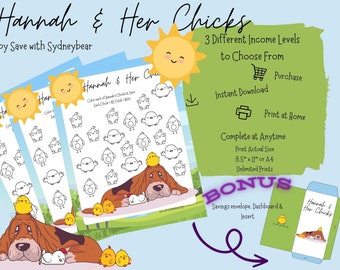 Hannah & Her Chicks Low Medium High Income Savings Challenge Dog Color Printable Download Game Cash Envelope Stuffing Sinking Fund Budget