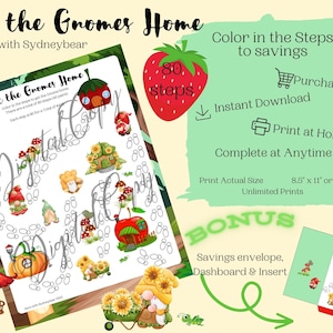Get the Gnomes Home Color Savings Challenge Printable Download Game & Cash Stuffing Sinking Budget Insert Binder