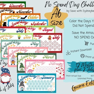 13 No Spend Gnomes Monthly Savings Challenge Printable A6 Download Game & Saving Tracker Cash Stuffing Sinking Fund Budget Insert Binder