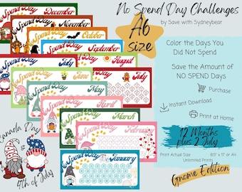 May include: A set of 12 printable No Spend Day calendars featuring a gnome theme. Each calendar is designed for a different month and includes a July bonus calendar. The calendars are A6 size and can be printed at home.