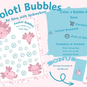 Adorabile Axolotl Bolle Risparmio Sfida Colore Stampabile Scarica Gioco Contanti Busta Ripieno Affondamento Fondo Budget Basso Reddito