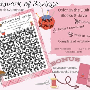 Patchwork of Savings Quilt Block Color Savings Challenge Printable Download Game & Cash Stuffing Sinking Budget Insert Binder