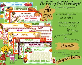 12 Food No Eat Out Day Monthly Savings Challenge Printable A6 Download Game & Saving Tracker Cash Stuffing Sinking Fund Budget Insert Binder