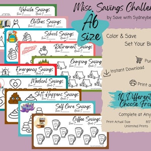 May include: Ten printable A6 size savings challenge trackers with various themes, including vehicle, clothes, school, retirement, emergency, medical, self-care, coffee, and camping.  The trackers feature black and white illustrations and lines for recording savings goals.  The text "Misc. Savings Challenges" appears at the top of the image, along with the text "by Save with Sydneybear".