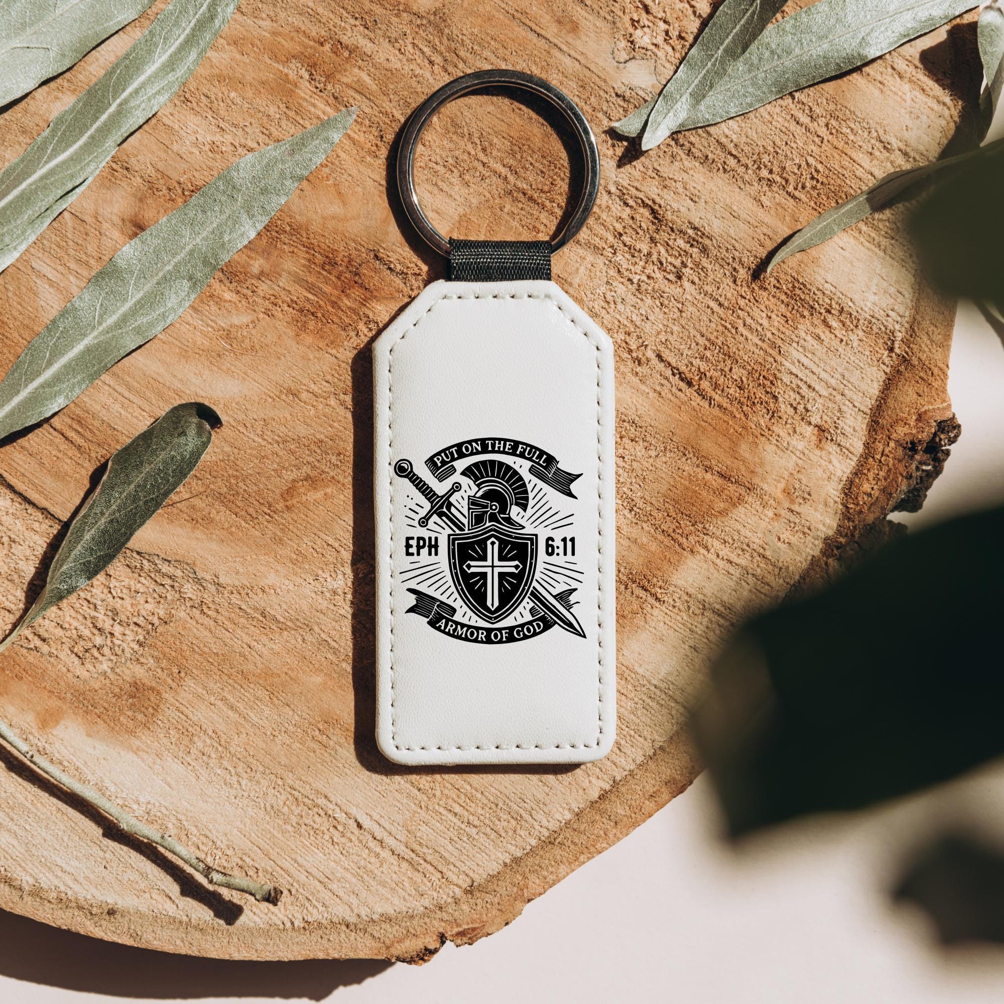 'Put On The Whole Armor Of God' Keychain – Ephesians 6:11, Heavy Duty Leather-Like, Rectangular Design, 3.75x1.5 Inches