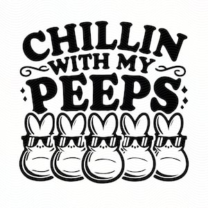 Puede incluir: Diseño gráfico en blanco y negro con el texto "Chillin with my peeps" y cinco personajes de dibujos animados con gafas de sol.