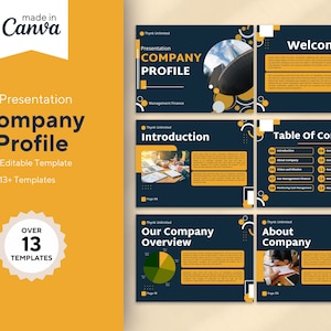 May include: A presentation template for a company profile. The template has a dark blue background with yellow circles and text. The text includes "Presentation Company Profile", "Editable Template", "13+ Templates", "Welcome", "Table of Content", "Introduction", "Our Company Overview", and "About Company".