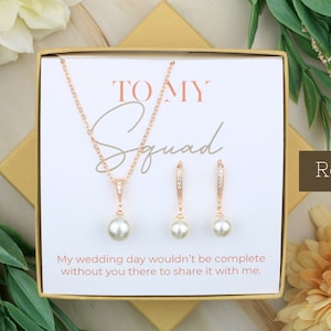 Hook Round Pearl Bridesmaid Jewelry Set To My Squad Gift Bridal Jewelry Matron Of Honor Gift Wedding Imitation Pearl Necklace Earrings Rose Gold: Round