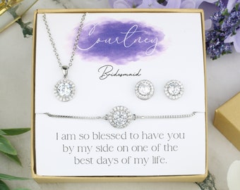 Personalized Bridesmaid Jewelry Set | Round Cubic Zirconia | Wedding Earrings | Necklace & Earrings Set Bridesmaid Earrings Wedding Jewelry