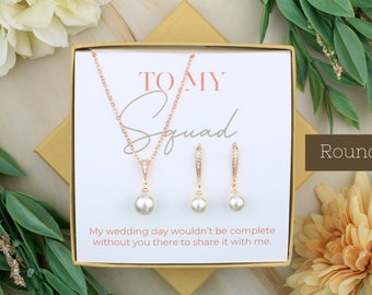 Hook Round Pearl Bridesmaid Jewelry Set | To My Squad Gift | Bridal Jewelry | Matron Of Honor Gift Wedding Imitation Pearl Necklace Earrings