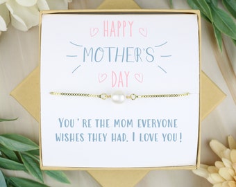 Mothers Day Gift | Oval Pearl Bracelet | Mother Daughter Bracelet | Personalized Happy Mother's Day Message | Customizable Gift for Her