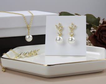 Faux Pearl Bridal Jewelry Set | CZ Crystal, Bridesmaid Gift