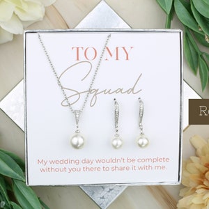 Hook Round Pearl Bridesmaid Jewelry Set To My Squad Gift Bridal Jewelry Matron Of Honor Gift Wedding Imitation Pearl Necklace Earrings White Gold: Round