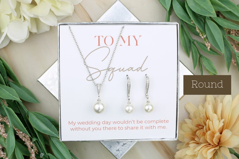 Hook Round Pearl Bridesmaid Jewelry Set To My Squad Gift Bridal Jewelry Matron Of Honor Gift Wedding Imitation Pearl Necklace Earrings White Gold: Round
