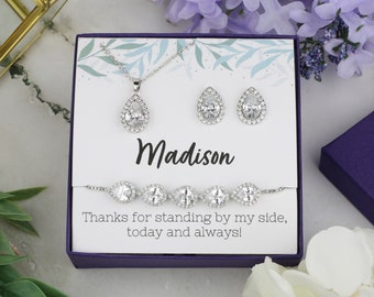 Teardrop Bridesmaid Jewelry Set | Personalized Bridesmaid Jewelry Set | Bridesmaid Necklace | Wedding Favor Custom Cubic Zirconia Gift Set