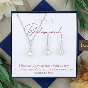 Hook Teardrop Pearl Bridesmaid Jewelry Set | Bridal Party Gift | CZ Jewelry | Matron Of Honor Gift Wedding Imitation Pearl Necklace Earrings
