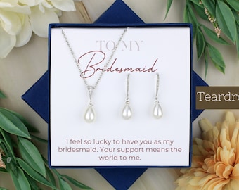 Hook Teardrop Pearl bruidsmeisje sieradenset | Bruidsfeestcadeau | CZ-sieraden | Matron of Honor Cadeau bruiloft imitatieparelketting oorbellen