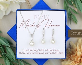 Hook Round Pearl Bridesmaid Jewelry Set | Bridal Party Gift | CZ Jewelry | Matron Of Honor Gift Wedding Imitation Pearl Necklace Earrings