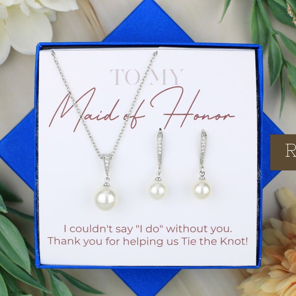 Hook Round Pearl Bridesmaid Jewelry Set | Bridal Party Gift | CZ Jewelry | Matron Of Honor Gift Wedding Imitation Pearl Necklace Earrings